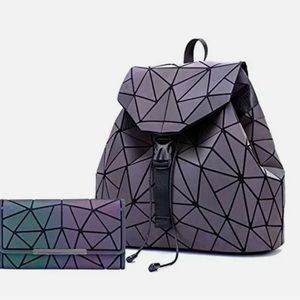 Holographic Backpack. Geometric Purse. Luminous Backpack and Wallet set